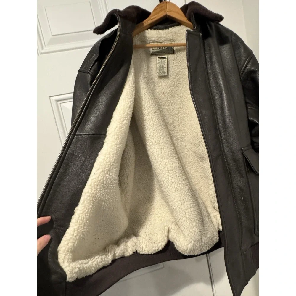 Vintage LL Bean Goat Skin Leather Bomber Jacket Mens L Black Sherpa Lined